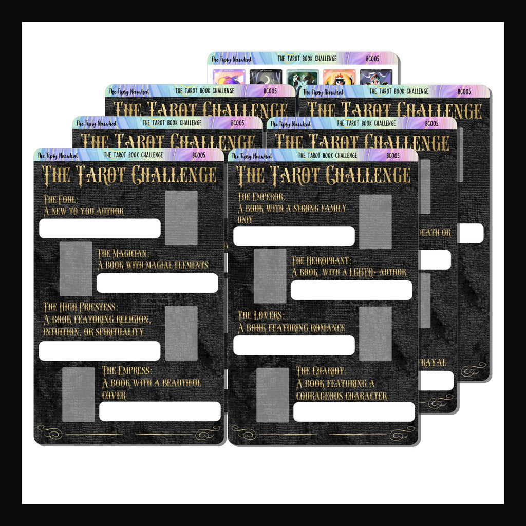 The Tarot Book Challenge is large reading challenge with prompts for 22 books each representing a card in the Major Arcana of a Tarot Deck.  It is a 7 page sticker kit with 6 tracking pages and 1 additional page featuring a sticker depicting each card. 