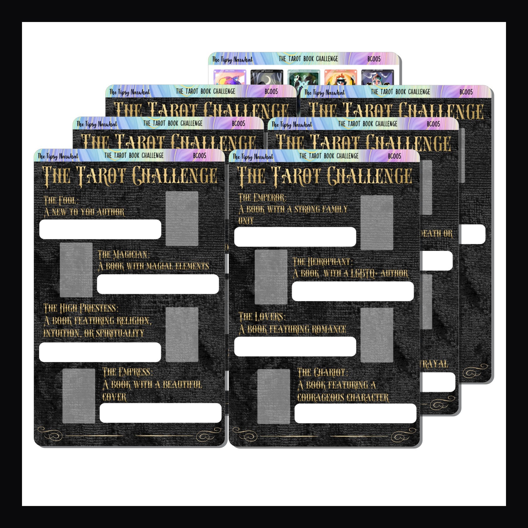 The Tarot Book Challenge is large reading challenge with prompts for 22 books each representing a card in the Major Arcana of a Tarot Deck.  It is a 7 page sticker kit with 6 tracking pages and 1 additional page featuring a sticker depicting each card. 