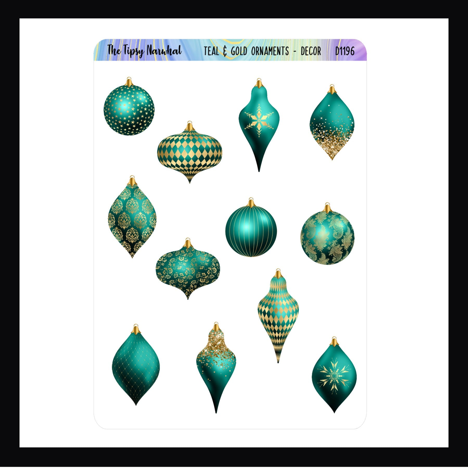 Teal & Gold Ornaments Decor Sheet features 12 teal and gold ornament stickers in various shapes and patterns. Shown here on a white background.