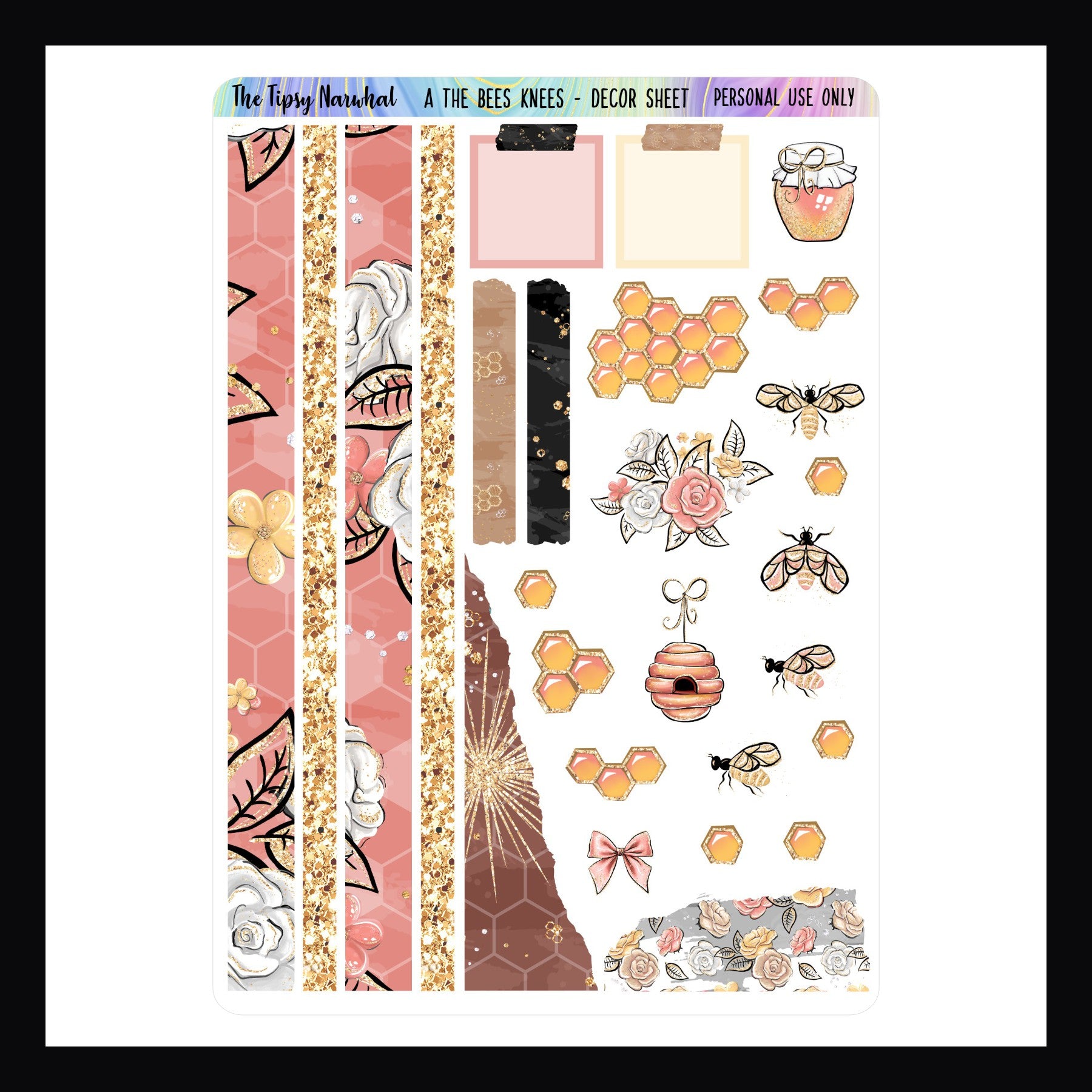 Digital The Bees Knees Decor Sheet is a digital printable version of The Bees Knees Decor.  This honey bee themed sticker sheet features several washi strips, some torn stickers and decorative elements. 