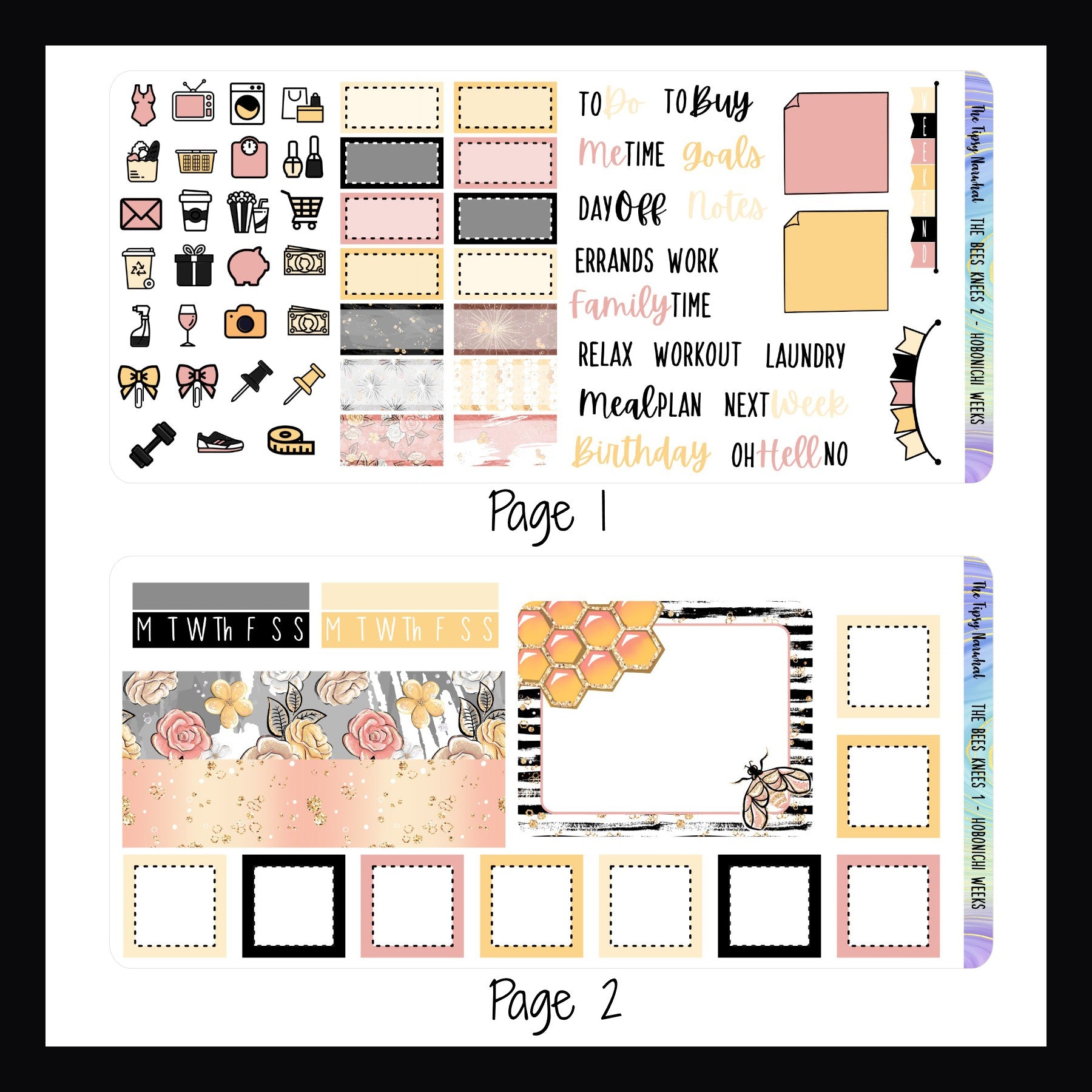 Digital The Bees Knees Hobonichi Weeks Kit pages 1 and 2.  Page 1 features appointment stickers, daily icons, script stickers and a weekend banner.  Page 2 features washi, box stickers, habit trackers and large deco box. 