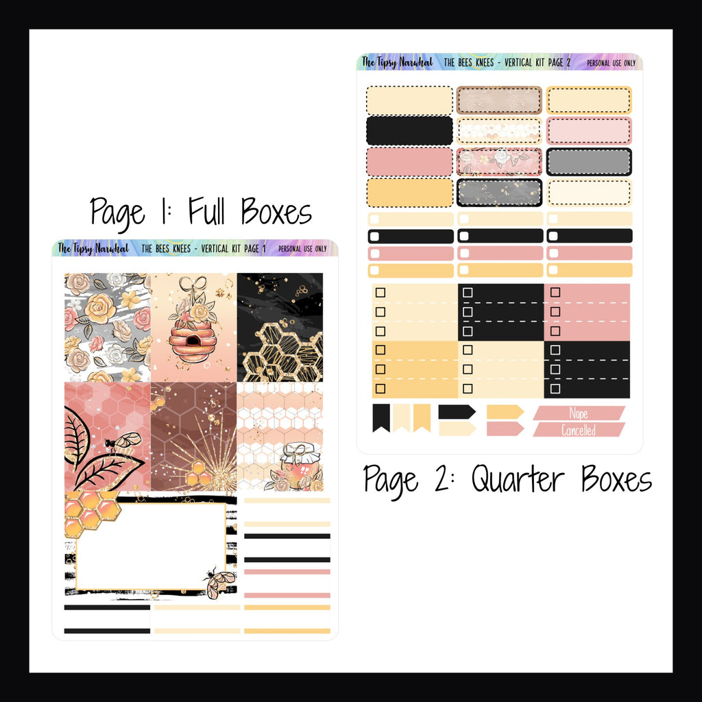 Digital The Bees Knees Vertical Kit Pages 1 and 2.  Page 1 features full deco boxes and some appointment stickers.  Page 2 features quarter boxes, skinny check boxes, three point checklist boxes and flag stickers.