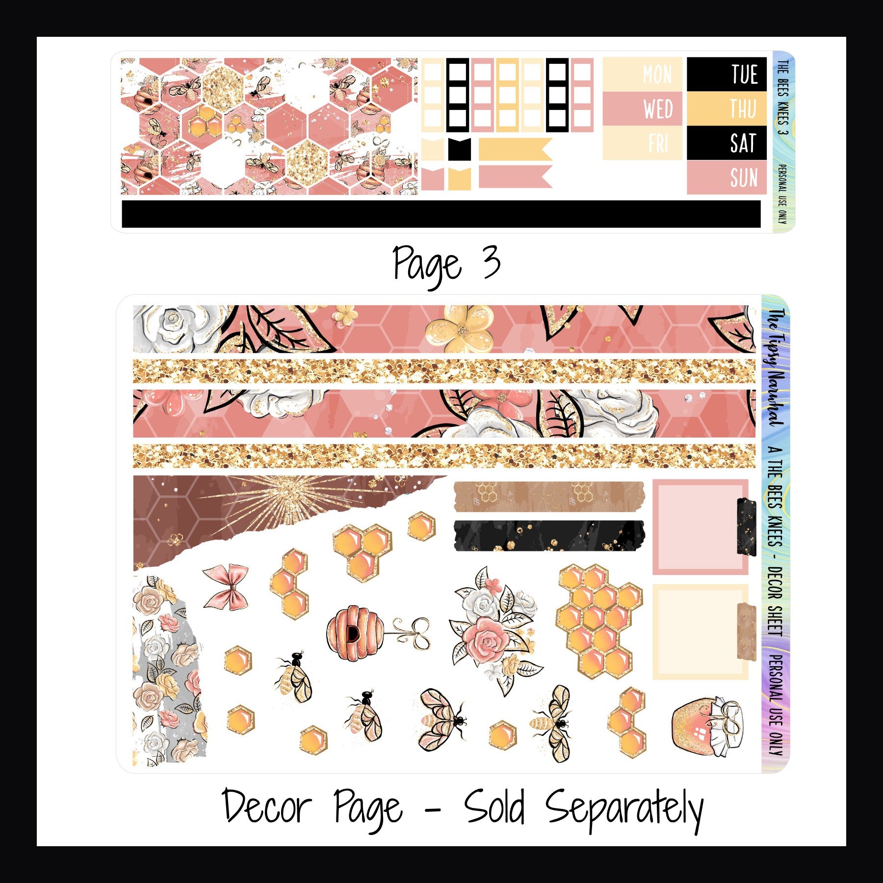 Digital The Bees Knees Hobonichi Weeks Kit Page 3 and Decor Sheet.  Page 3 features Washi, date covers, checklist stickers and flags.  The decor page is sold separately.