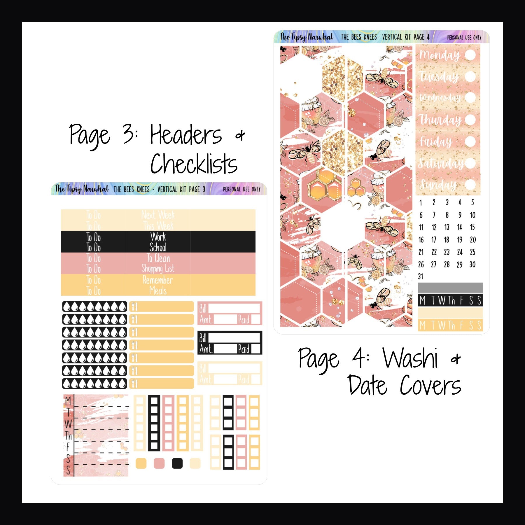 Digital The Bees Knees Vertical Kit Pages 3 and 4.  Page 3 features headers, checklist stickers and stickers for meal, water intake and bill tracking.  Page 4 features full sized washi, date covers and habit trackers.