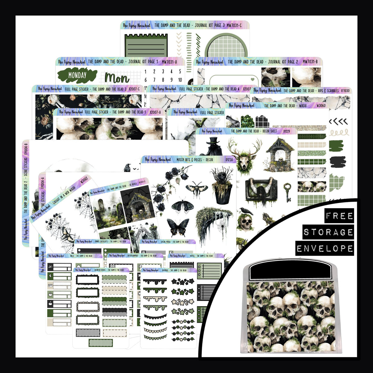 The Damp and The Dead Journal Value Bundle consists of the full The Damp and The Dead journal kit, all the matching decor sheets, the functional add-on sheets and comes packaged in a free matching storage envelope.