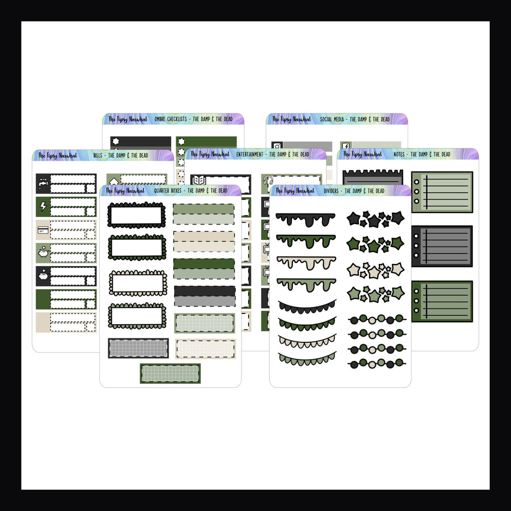 The Damp and The Dead Functional Sticker Add-Ons is a collection of 7 mini sheets each with their own style of functional sticker. Matches the The Damp and The Dead weekly kits.
