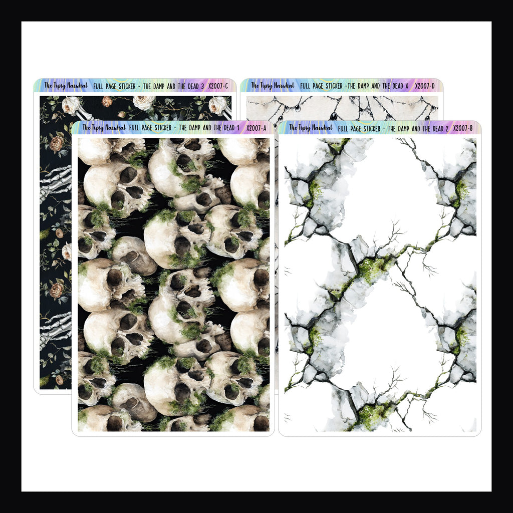 The Damp and The Dead Full Page Stickers.  These 5x7 stickers are designed to be layered, ripped, or cut.  Perfect for junk journaling these patterns match the The Damp and The Dead weekly kits.