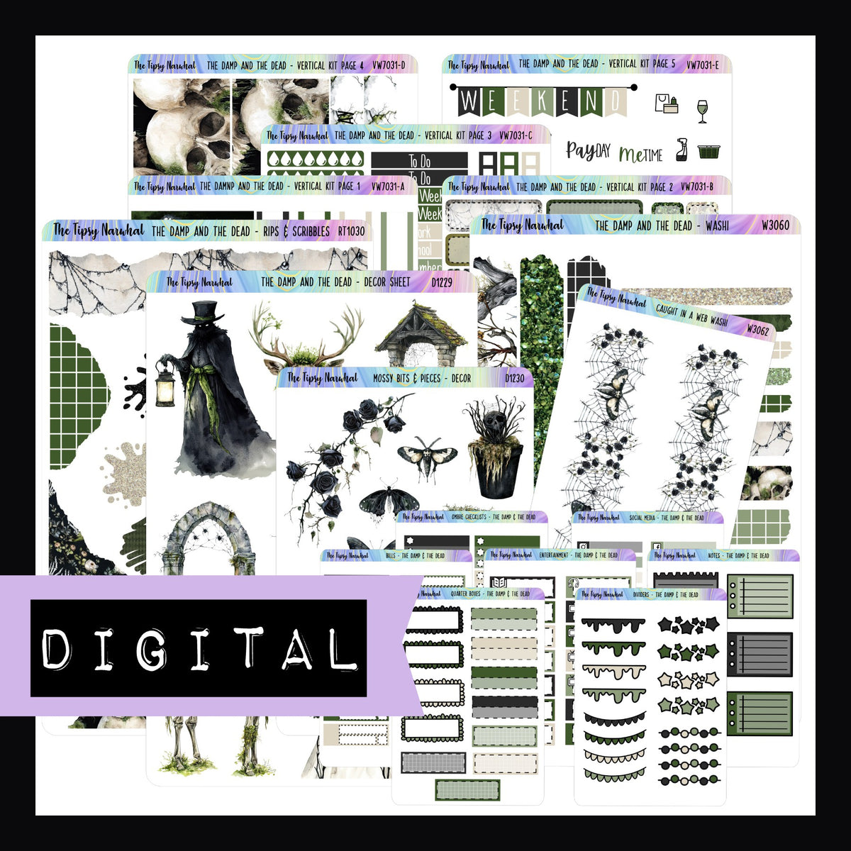 The Damp and The Dead Printable Vertical Sticker Kit is a digital bundle of The Damp and The Dead vertical sticker kit, the add on decor sheets and the functional add-ons.