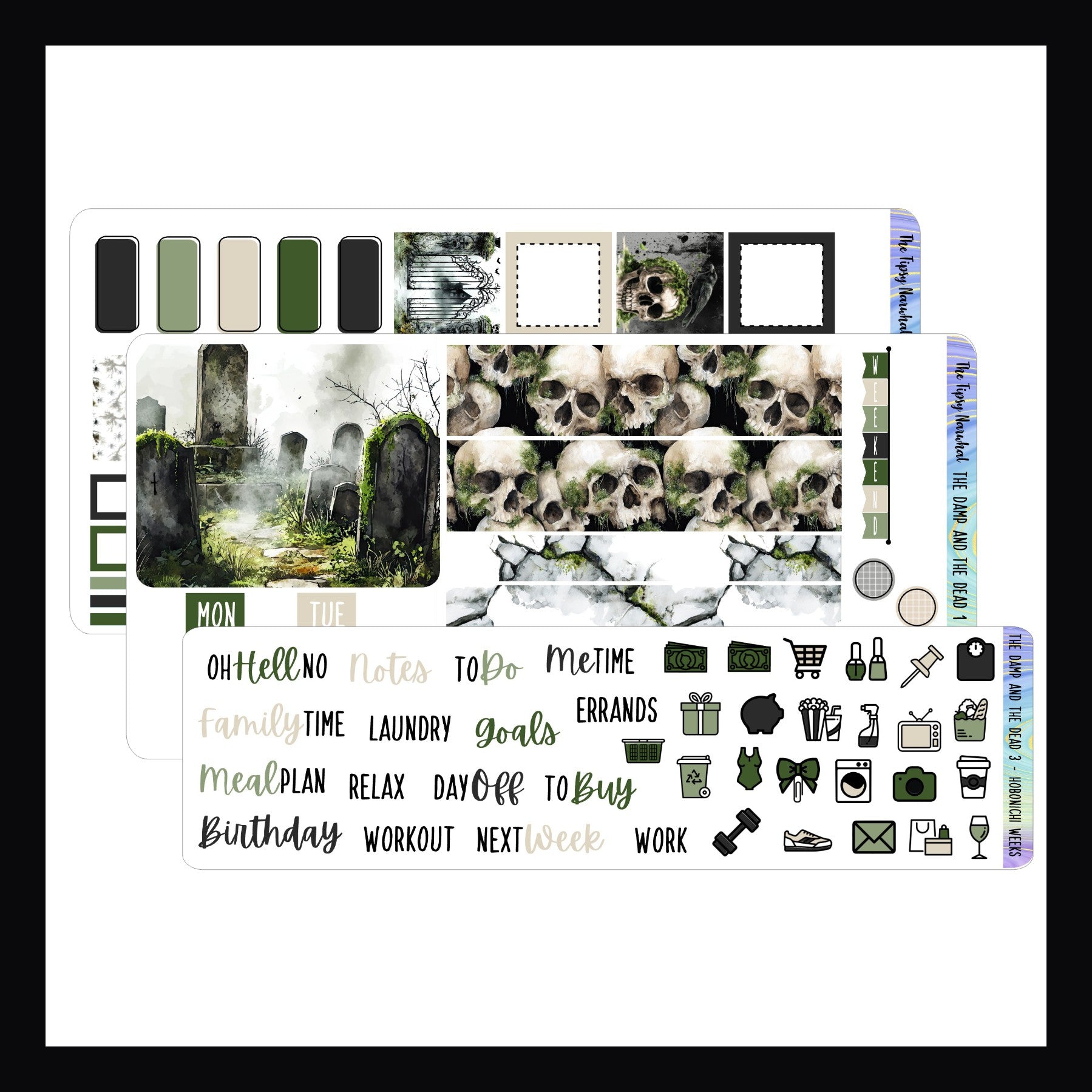 The Damp and The Dead Hobonichi Weeks Sticker kit is a small 3 page collection.  It features a spooky theme full of mossy gravestones, abandoned houses and ghosts galore. 