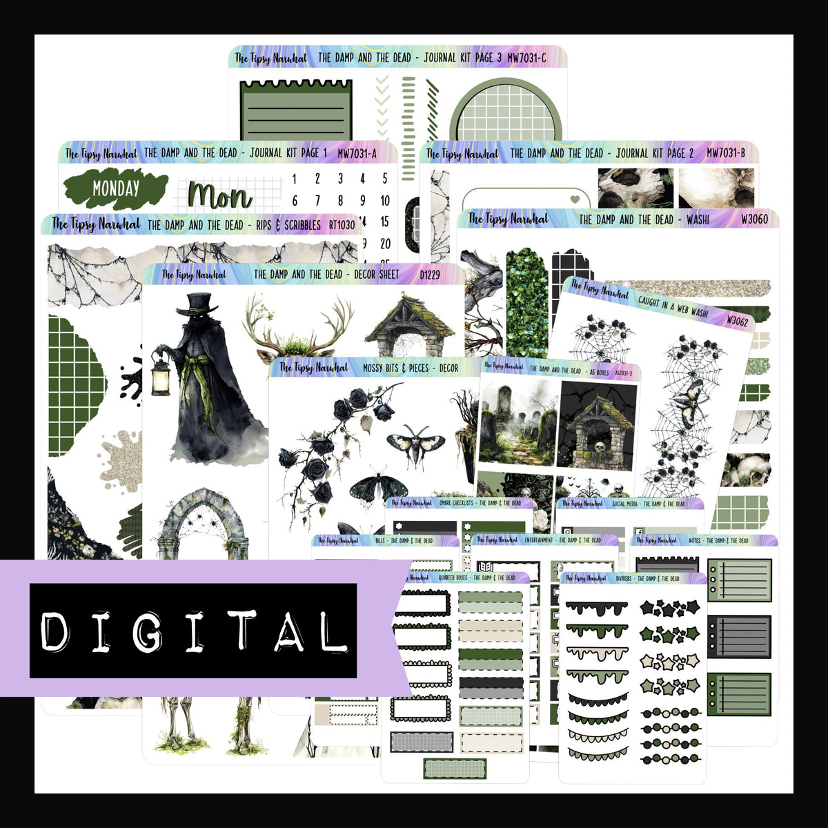 The Damp and The Dead Journal Digital Bundle is a digital and printable bundle containing The Damp and The Dead Journal kit, all the additional decor sheets, and the functional add on stickers. 