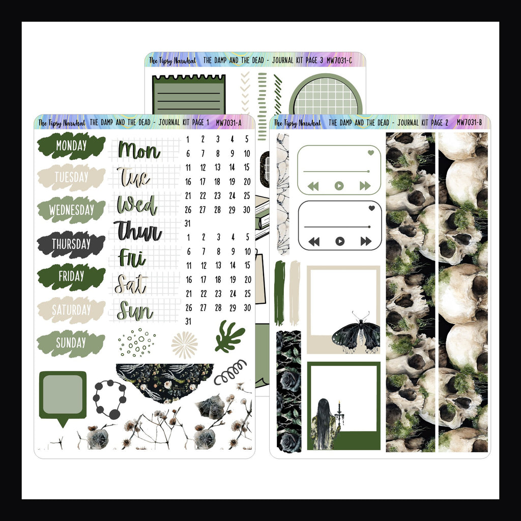 The Damp and The Dead Journal Sticker Kit consists of 3 sticker sheets focused on decor rather functionality.  The kit features an eerie haunted mansion theme with ghosts, graveyards, and plenty of moss. 