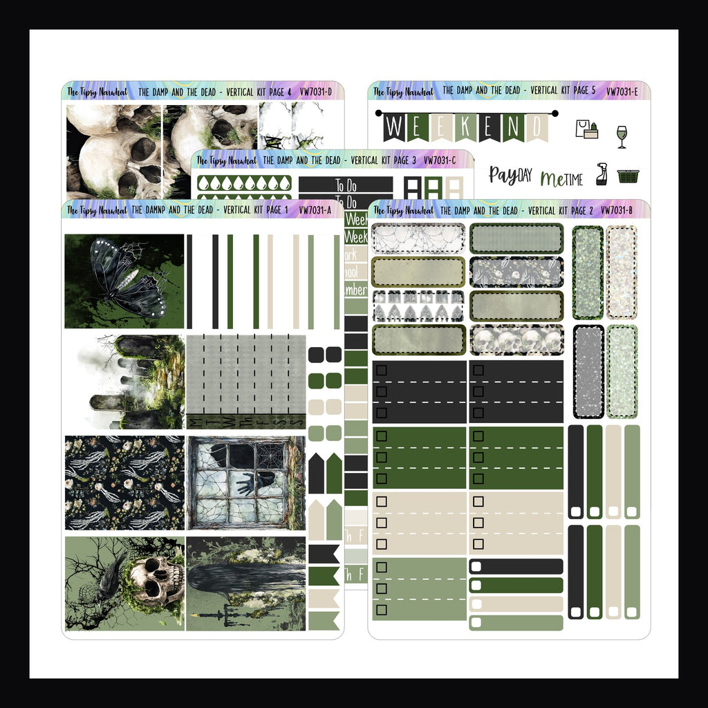 The Damp and The Dead Vertical Weekly Sticker Kit is a 5 page sticker kit featuring an eerie theme of haunted houses, ghosts and graveyards covered by a layer of moss. 