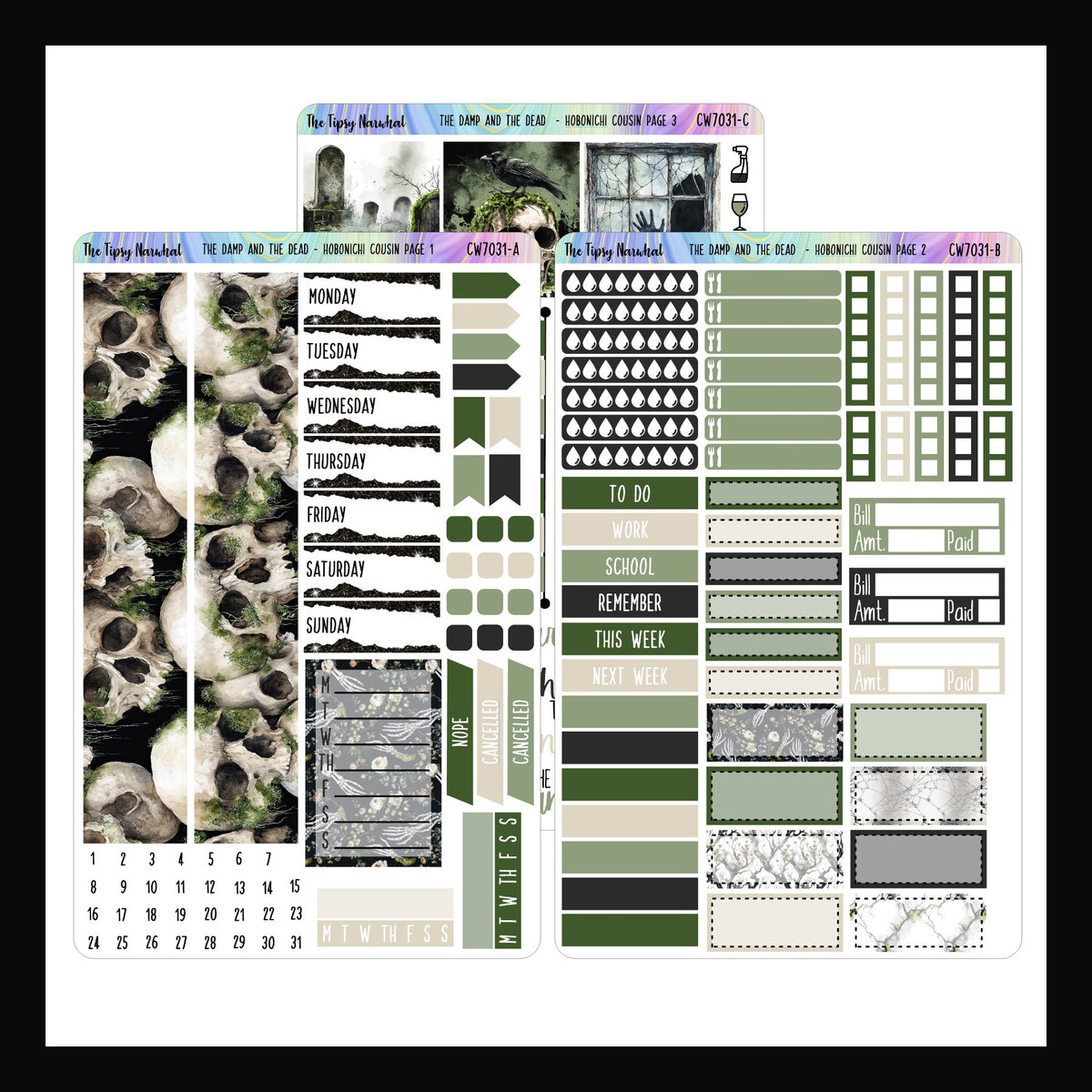 The Damp and The Dead Hobonichi Cousin Sticker Kit consists of 3 pages.  It features a spooky theme of ghosts, haunted houses and graveyards covered in moss and cobwebs.