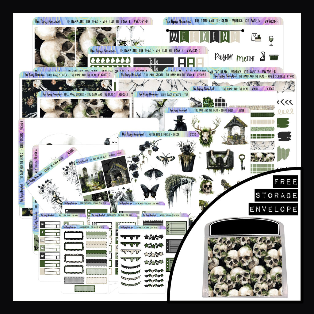The Damp and The Dead Vertical Bundle consists of the full The Damp and The Dead vertical kit, all additional decor sheets, all 7 functional add-on sheets and is packaged in a matching storage envelope.