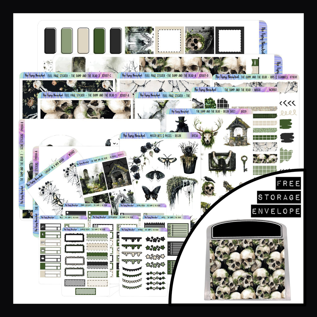 The Damp and The Dead Hobonichi Weeks Value Bundle consists of the full hobonichi weeks kit, all matching decor sheets, the full set of functional add-ons and comes packaged in a matching storage envelope.