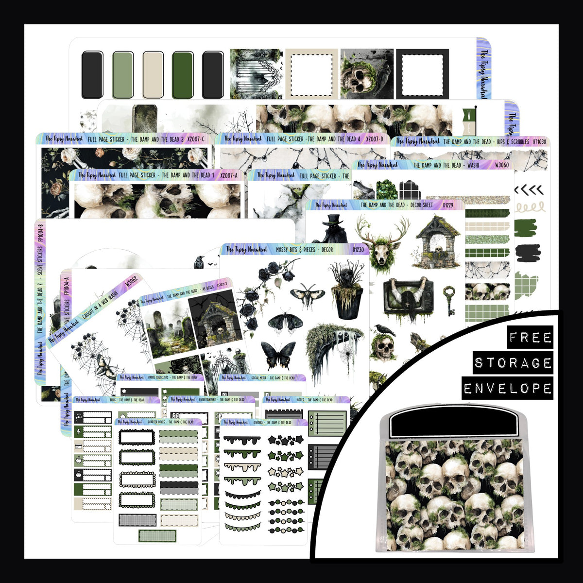 The Damp and The Dead Hobonichi Weeks Value Bundle consists of the full hobonichi weeks kit, all matching decor sheets, the full set of functional add-ons and comes packaged in a matching storage envelope.