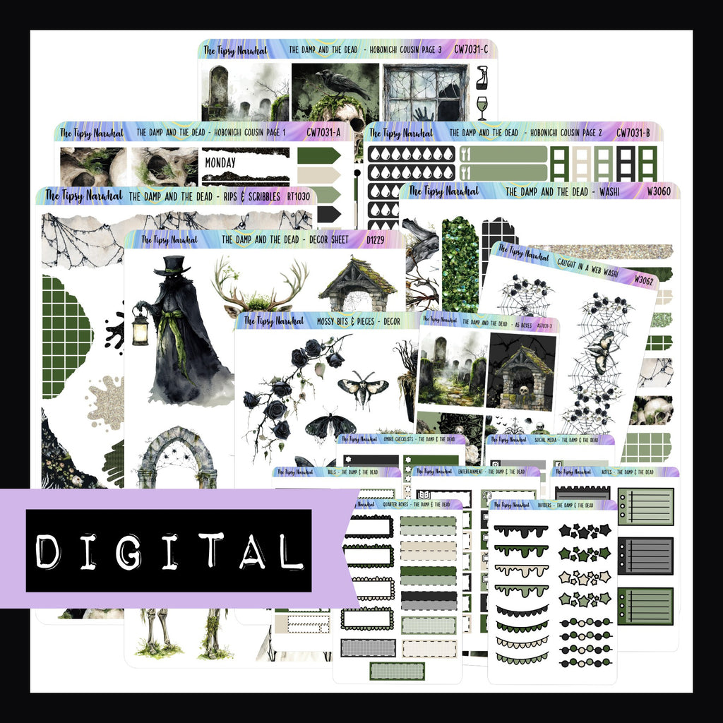 The Damp and The Dead Printable Hobonichi Cousin Kit is a digital bundle of The Damp and The Dead cousin kit, all the additional decor sheets, and the functional add-ons. 