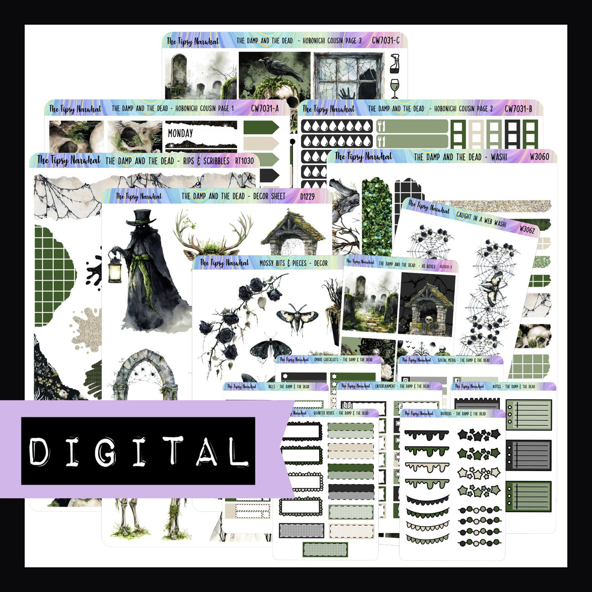 The Damp and The Dead Printable Hobonichi Cousin Kit is a digital bundle of The Damp and The Dead cousin kit, all the additional decor sheets, and the functional add-ons. 
