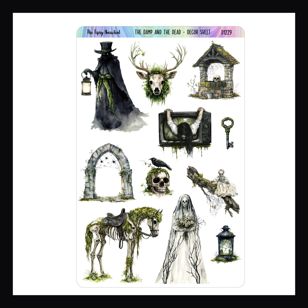 The Damp and The Dead Decor Sticker Sheet.  A collection of creepy stickers, ghosts and ghouls dripping with moss and cobwebs.  Matches The Damp and The Dead weekly kits.
