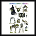 The Damp and The Dead Decor Sticker Sheet.  A collection of creepy stickers, ghosts and ghouls dripping with moss and cobwebs.  Matches The Damp and The Dead weekly kits.