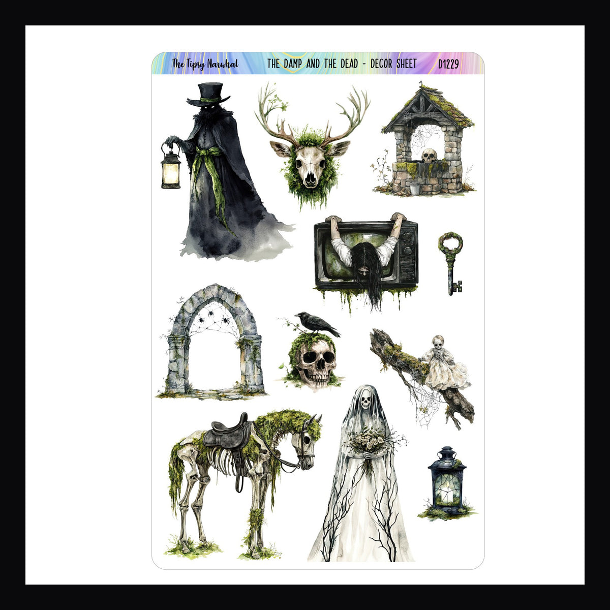 The Damp and The Dead Decor Sticker Sheet.  A collection of creepy stickers, ghosts and ghouls dripping with moss and cobwebs.  Matches The Damp and The Dead weekly kits.