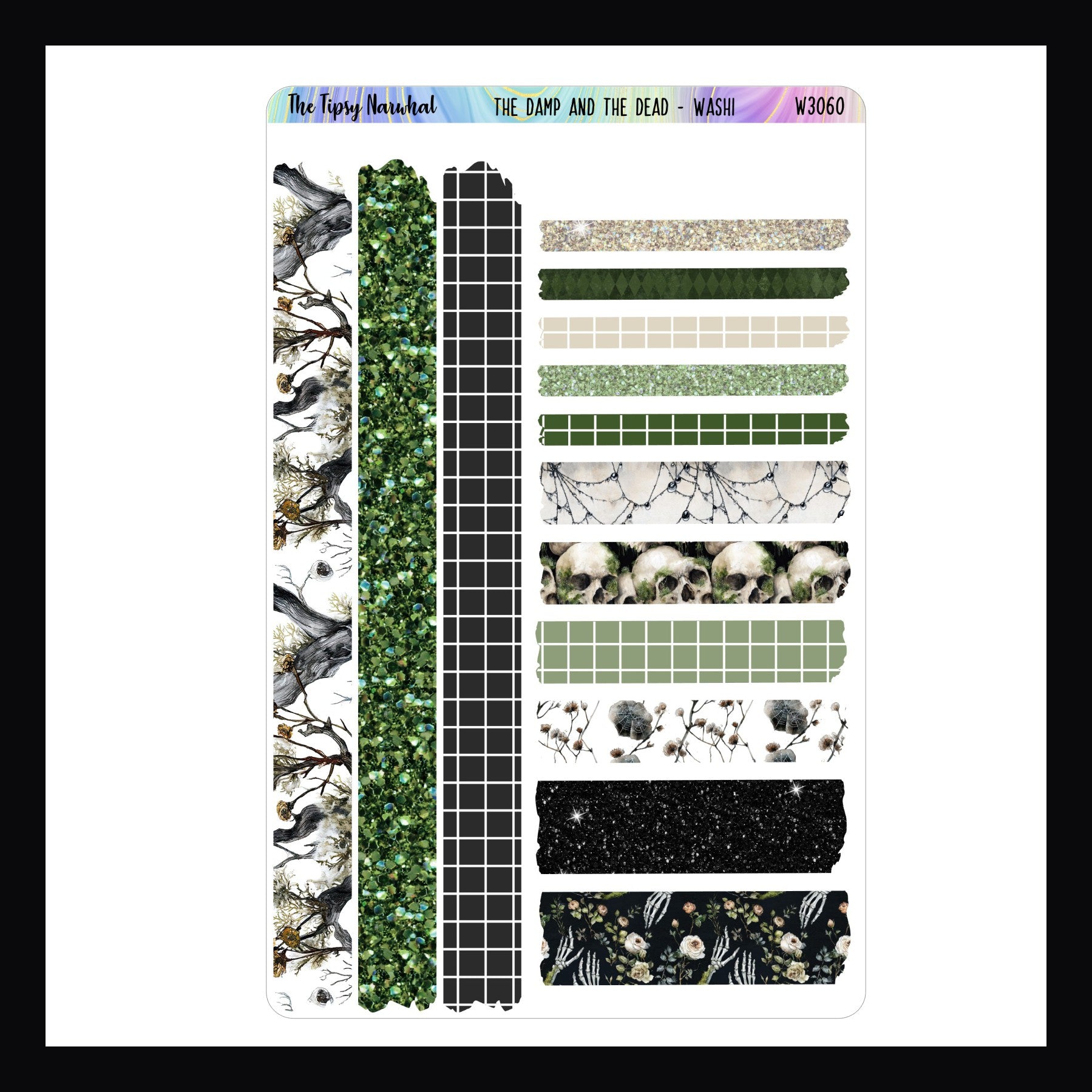 The Damp and The Dead Washi Sticker Sheet features 14 strips of washi stickers.  All match The Damp and The Dead weekly kits.