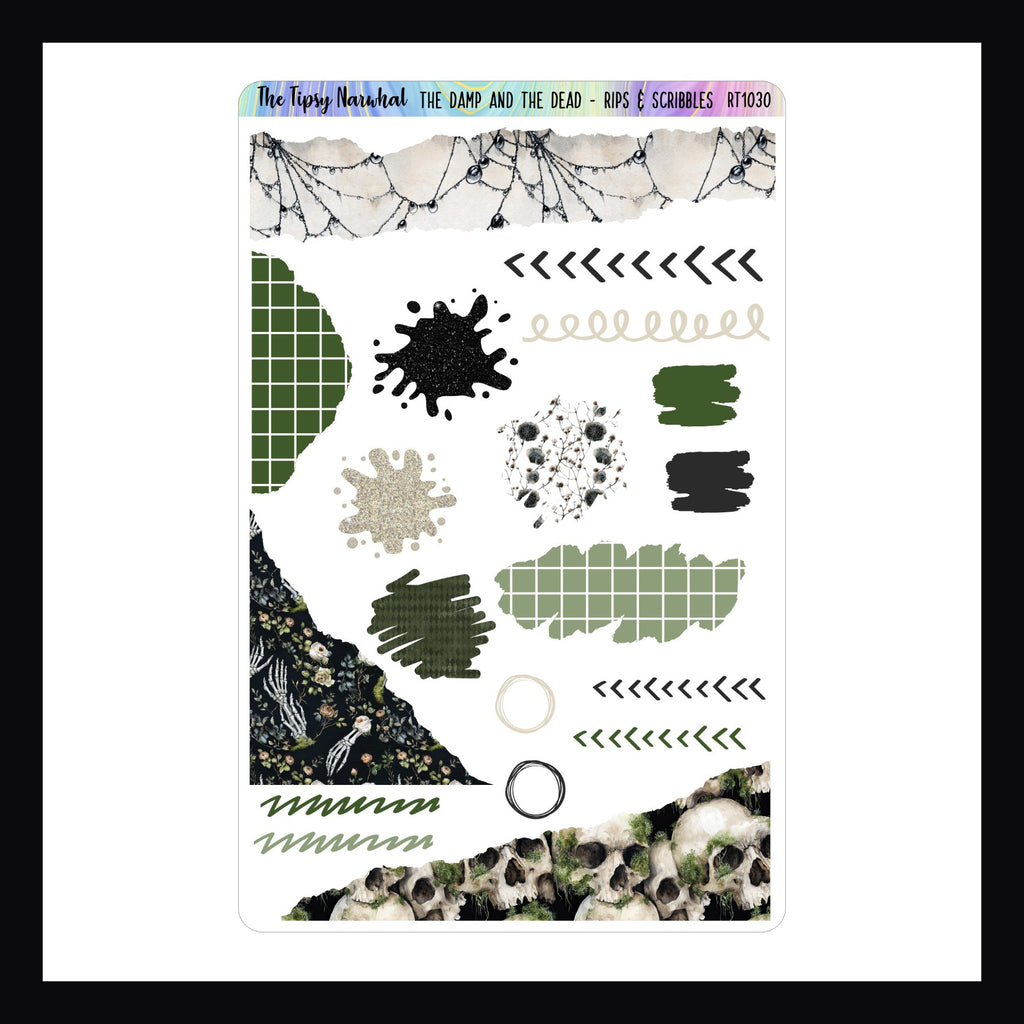 The Damp and The Dead Rips & Scribbles Sticker Sheet.  Features a collection of various sized stickers.  some with a scribbled like appearance, some with a ripped appearance.  Matches The Damp and The Dead kits.
