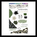 The Damp and The Dead Rips & Scribbles Sticker Sheet.  Features a collection of various sized stickers.  some with a scribbled like appearance, some with a ripped appearance.  Matches The Damp and The Dead kits.