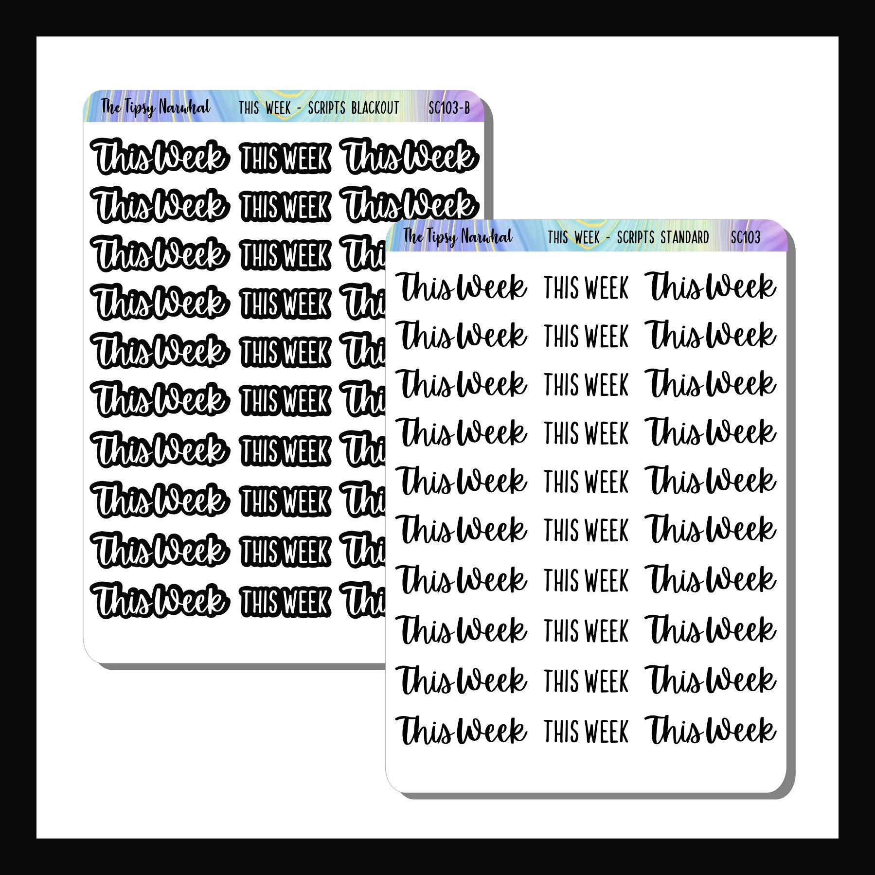 Two sheets of "this week" stickers shown on a white background.