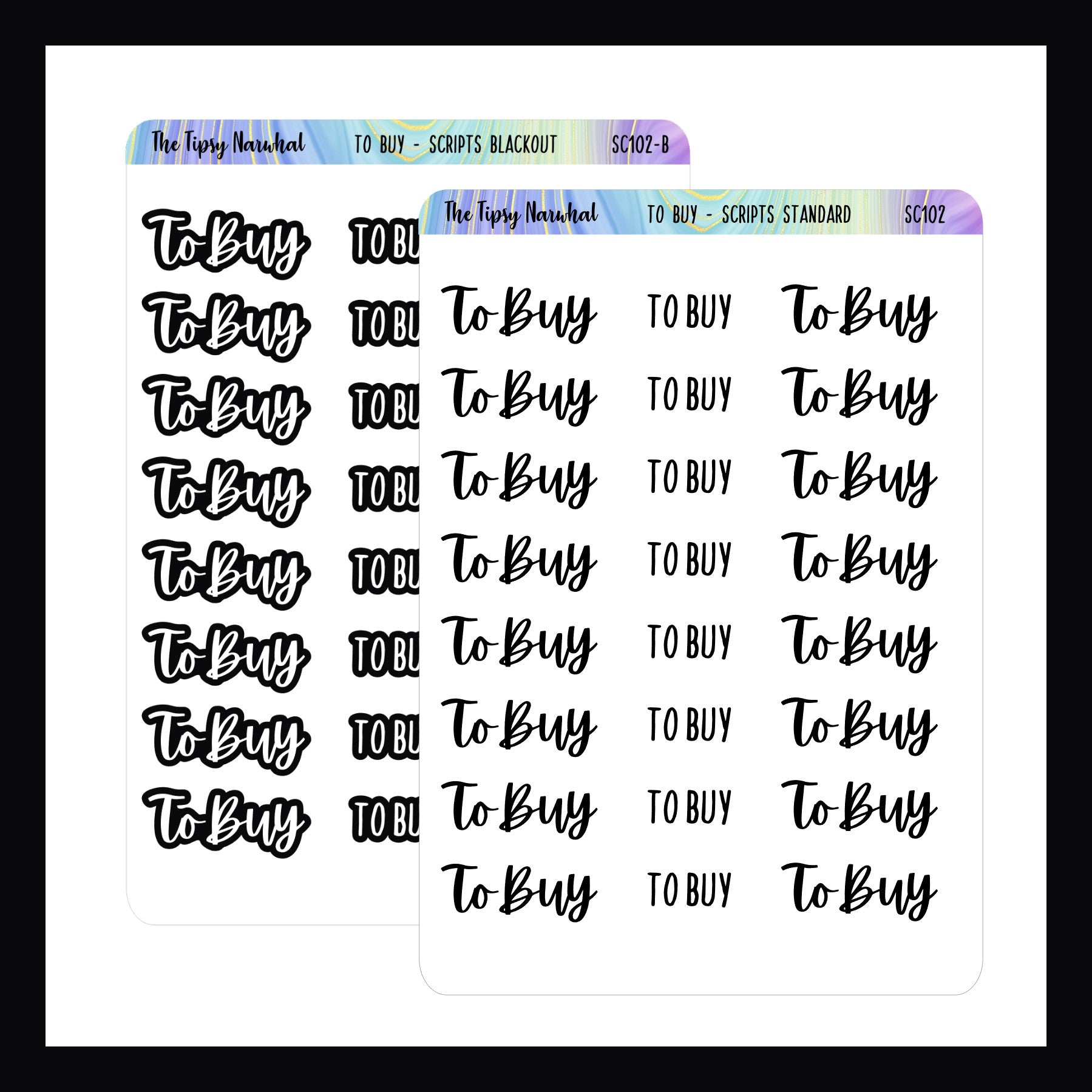 Sheet of 'To Buy' script planner stickers with a white background