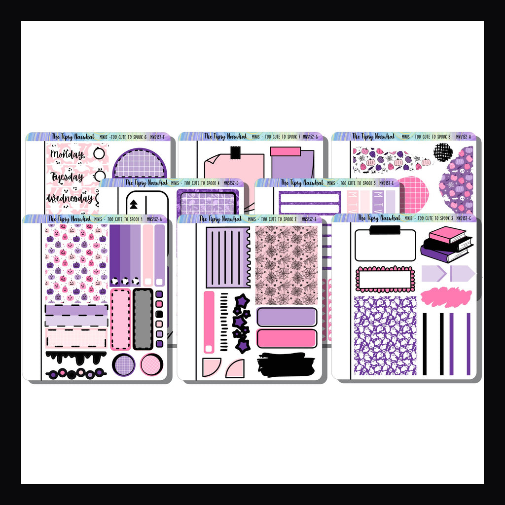 Too Cute To Spook Freestyle Minis. Collection of 8 small sticker sheets featuring a bright Halloween theme. Shown on white background.