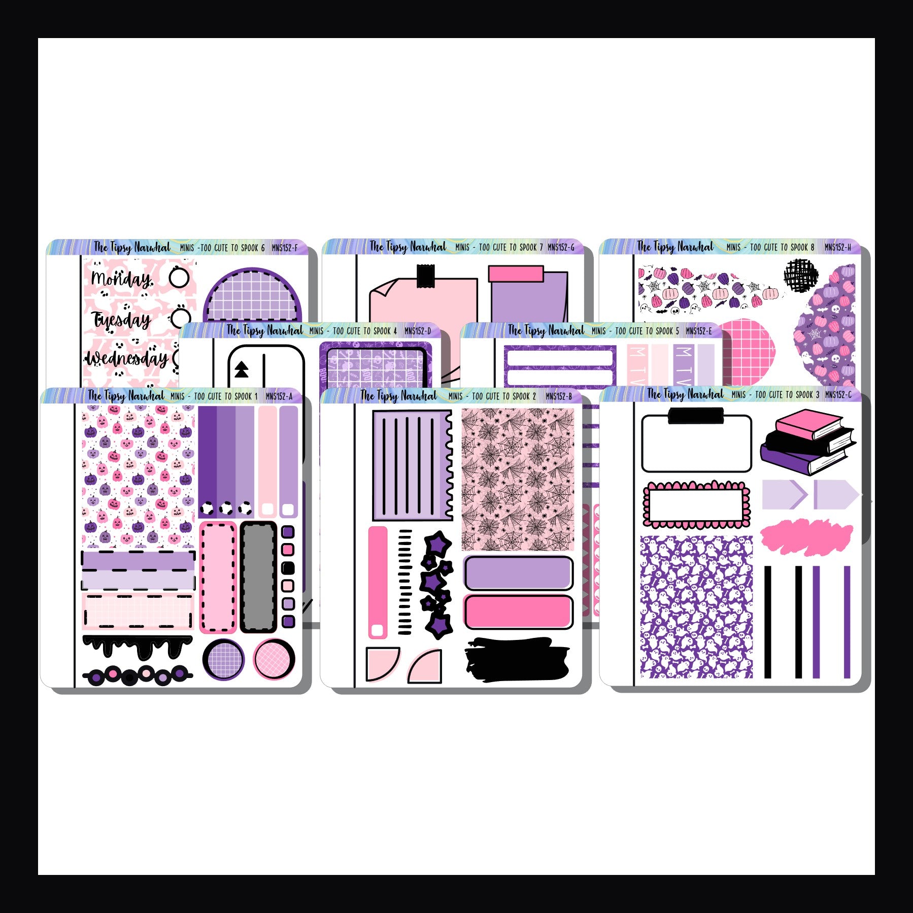 Too Cute To Spook Freestyle Minis. Collection of 8 small sticker sheets featuring a bright Halloween theme. Shown on white background.