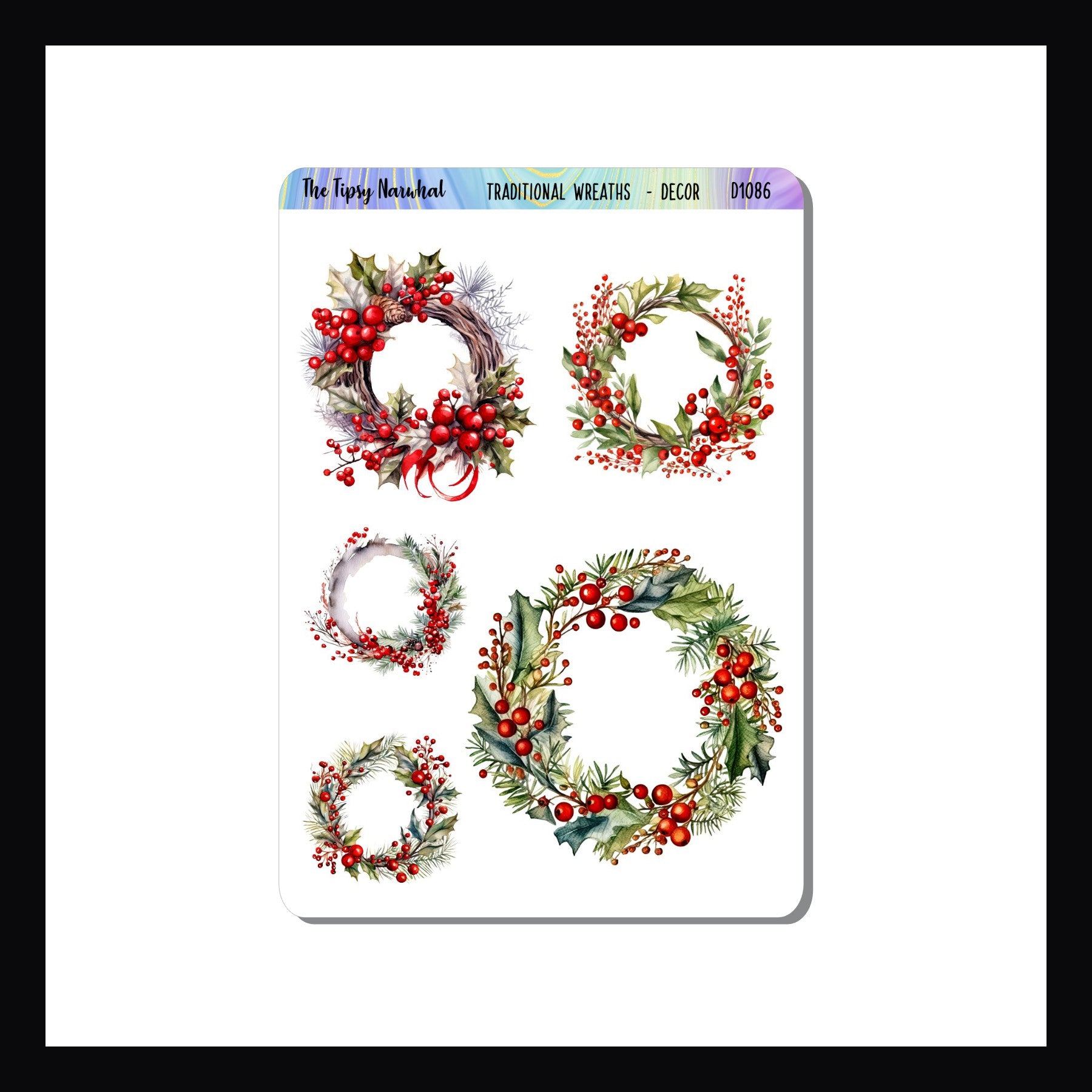 Traditional Wreaths Decor Sheet is a sticker sheet featuring 6 unique wreath designs.  The sticker sizes vary by design.