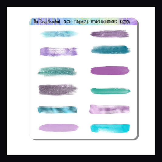 The Turquoise & Lavender Brushstroke sheet features 12 brushstroke style stickers.  Each unique sticker features a metallic, glitter or matte hue of lavender or turquoise. 