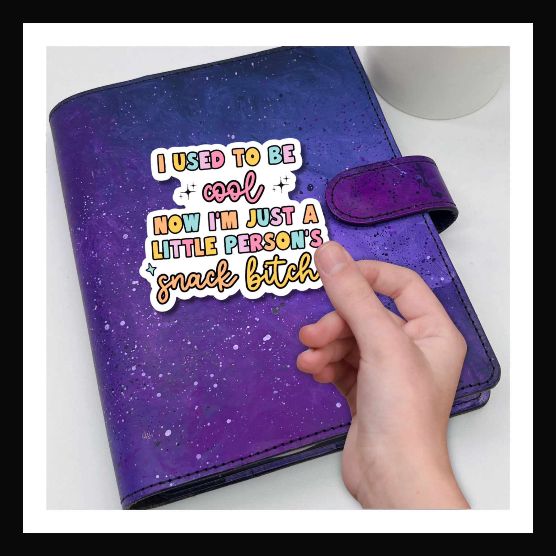 Used To Be Cool Die Cut Sticker shown her on a purple planner.