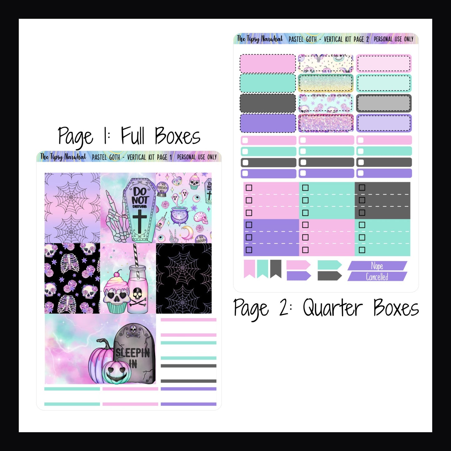 Digital Pastel Goth Vertical Kit pages 1 and 2.  Page 1 features full box deco stickers and some quarter box stickers.  Page 2 features additional quarter boxes, skinny check boxes, cancellation bars, flags, and top 3 priority check list boxes.