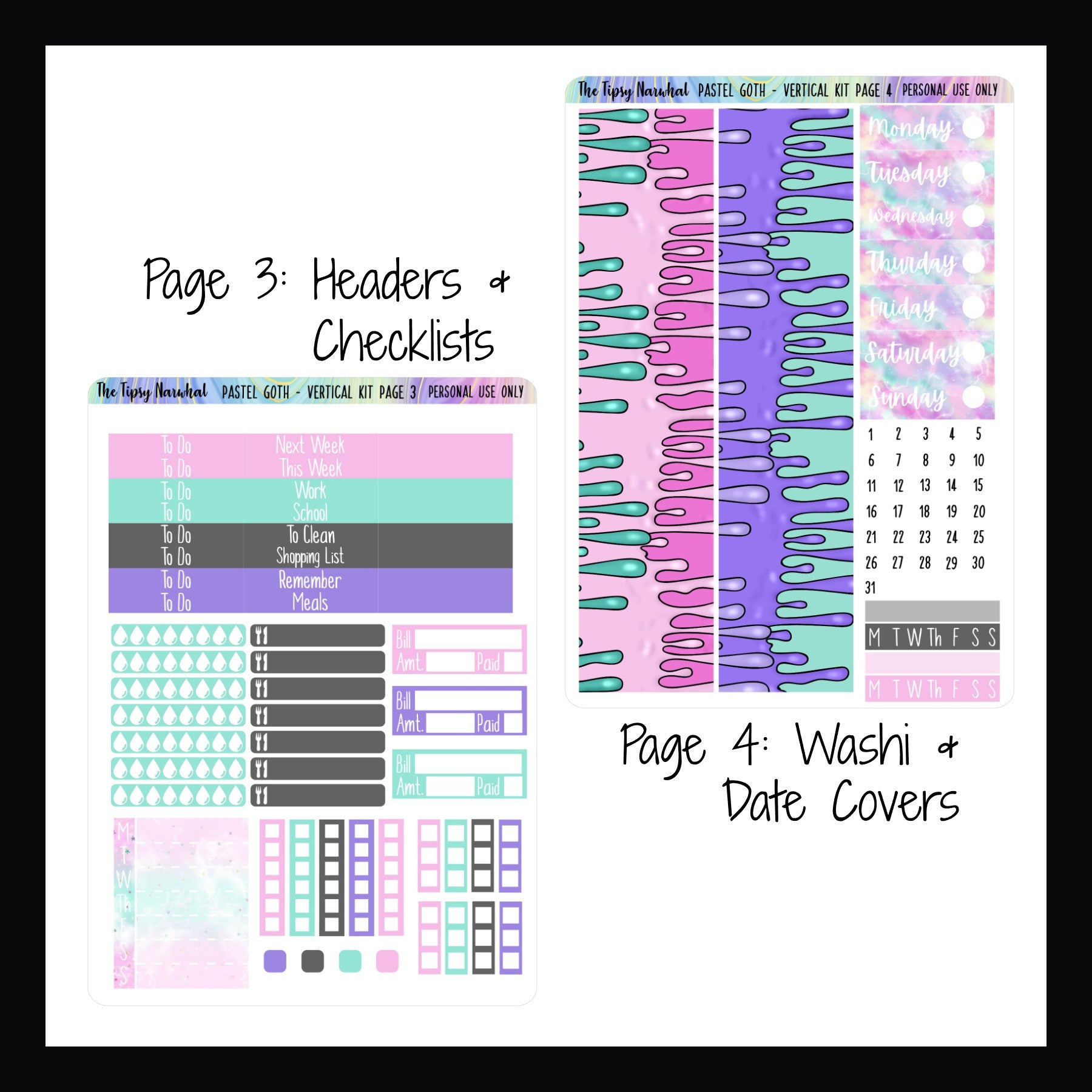 Digital Pastel Goth Vertical Kit pages 3 and 4.  Page 3 features header stickers, water tracking stickers, meal tracking, bill tracking, checklist stickers and a full week sticker.  Page 4 features full sized washi strips, date covers and habit trackers. 