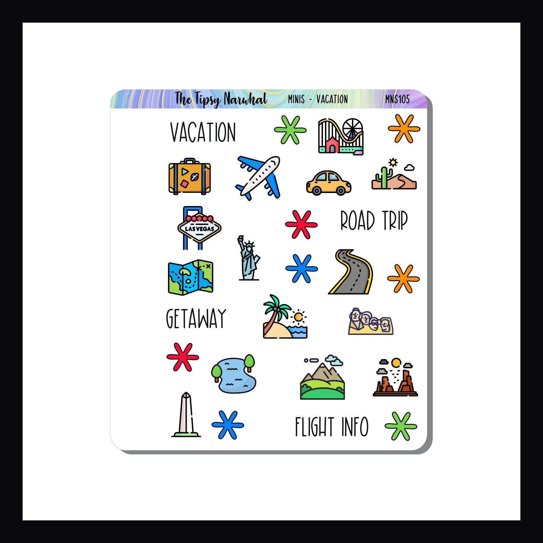 Mini Icon Sheets Vacation.  Mini icon sheets feature multiple icon stickers for use in small format planners, monthly layouts, wall calendars and more.  The vacation sheet features multiple vacation destinations and sights.