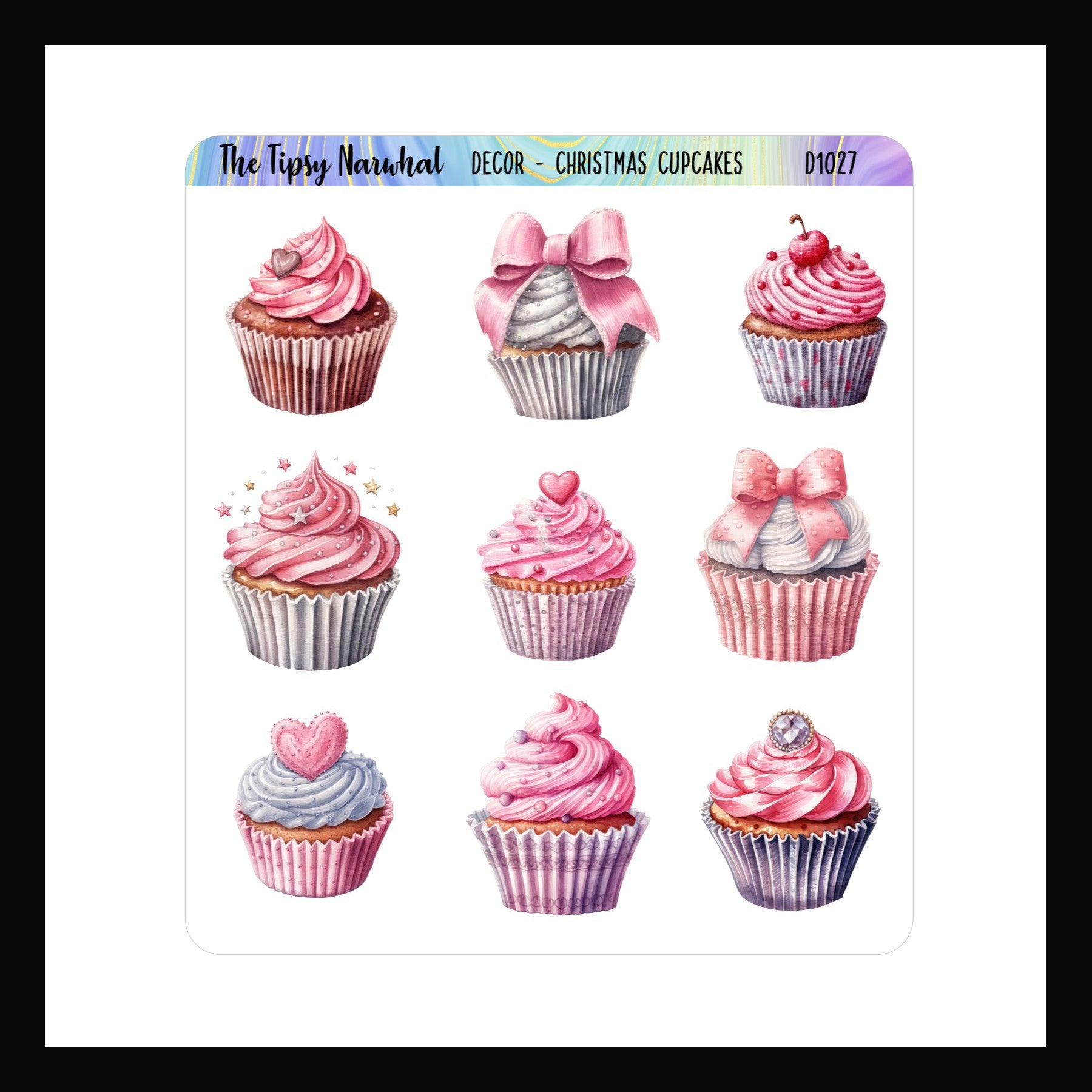 Valentine Cupcakes Decor Sheet.  Set of 9 Valentine themed cupcake stickers.  Perfect for use in planners and journals