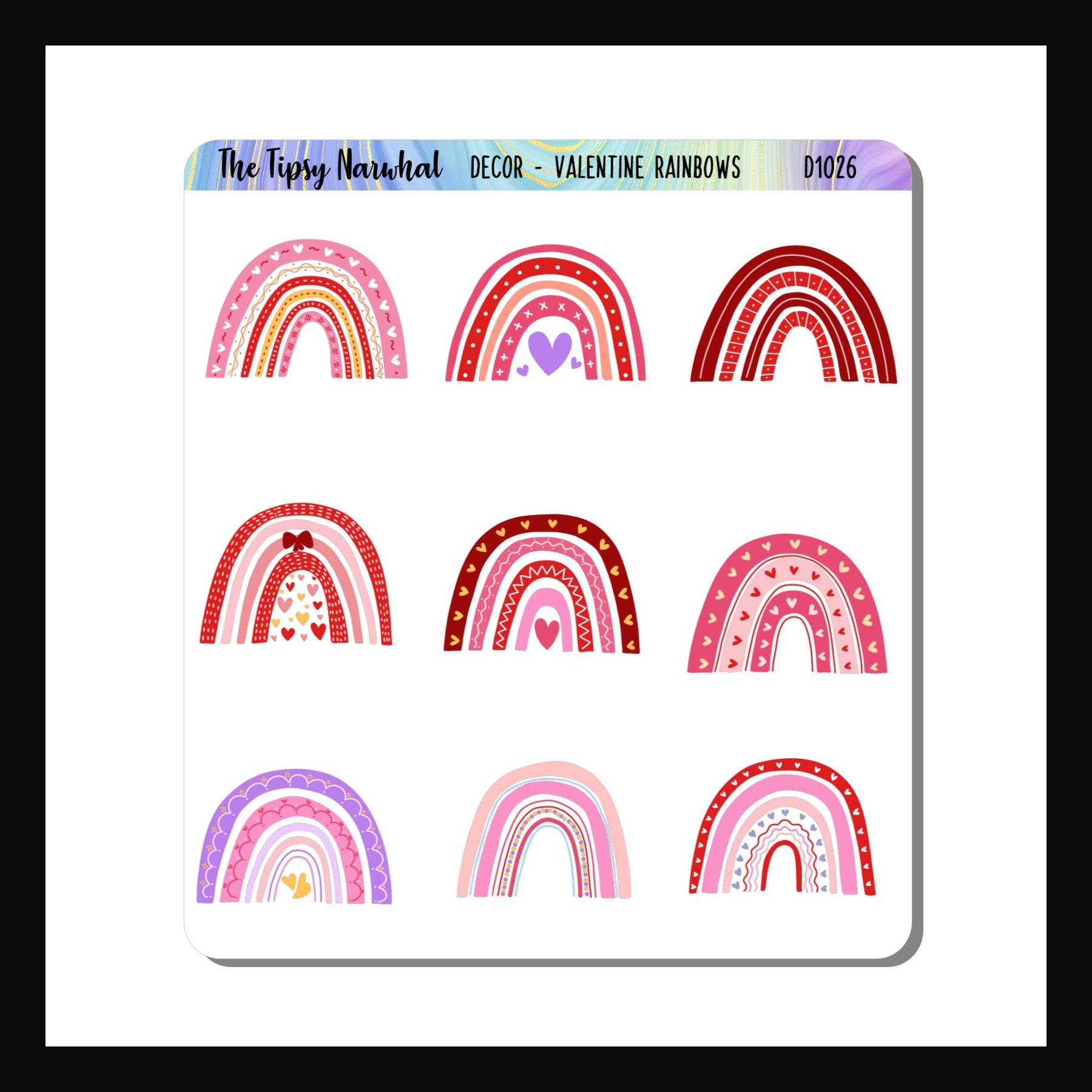 Valentine Rainbows Decor Sheet.  Set of 9 cheerful Valentine themed rainbow stickers.  Red, pink, and purple rainbows with hearts.  Perfect for planners and journals.