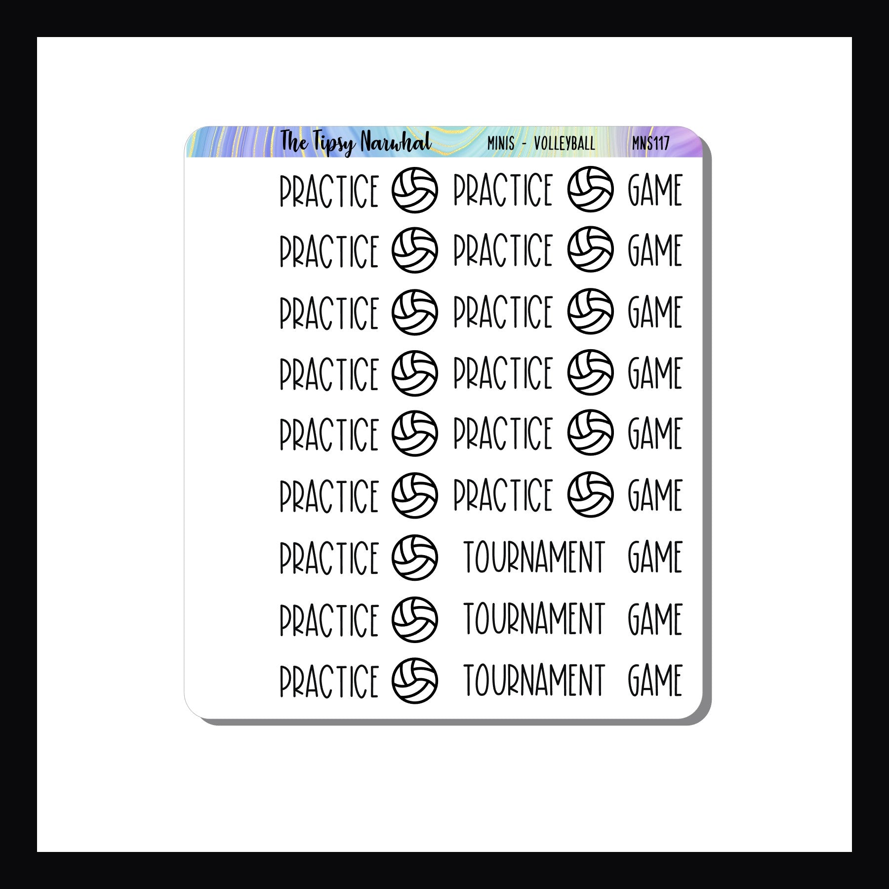 Mini Icon Sheets Volleyball features several small format stickers to mark practices, games and tournaments.