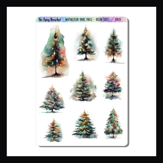 Watercolor Christmas Trees decor sheet features 9 stickers of christmas trees presented in a watercolor painted style.