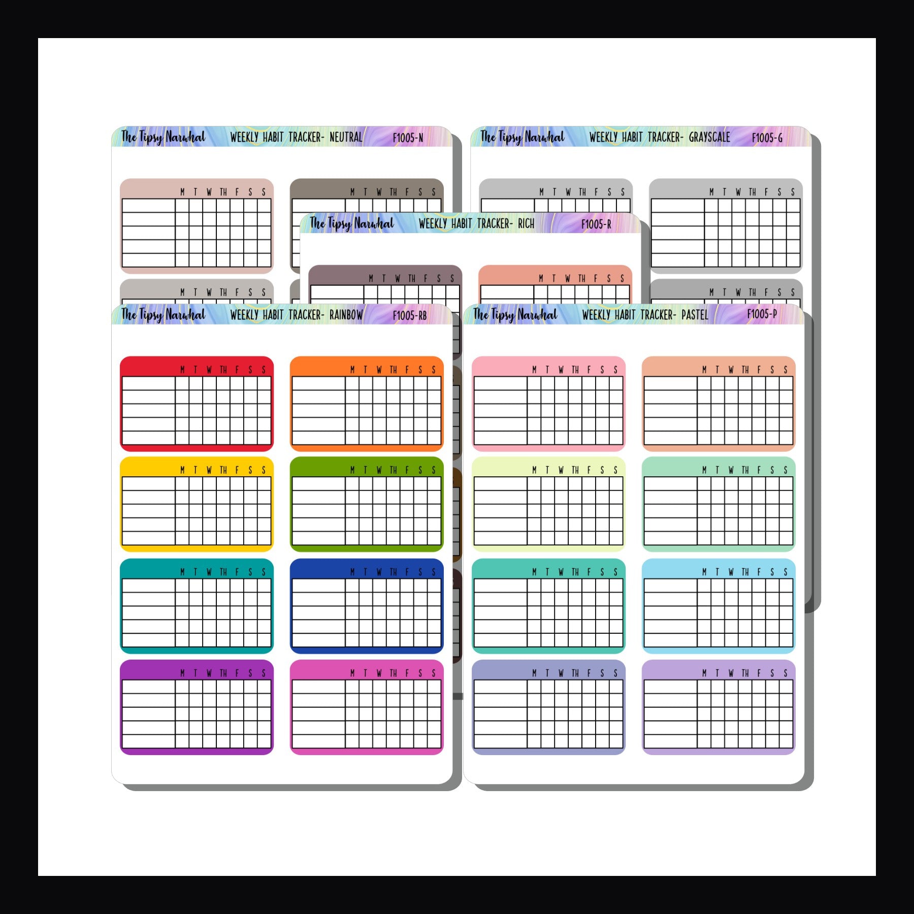 Weekly habit trackers, track 5 habits, one week, 8 stickers, 5 color palettes