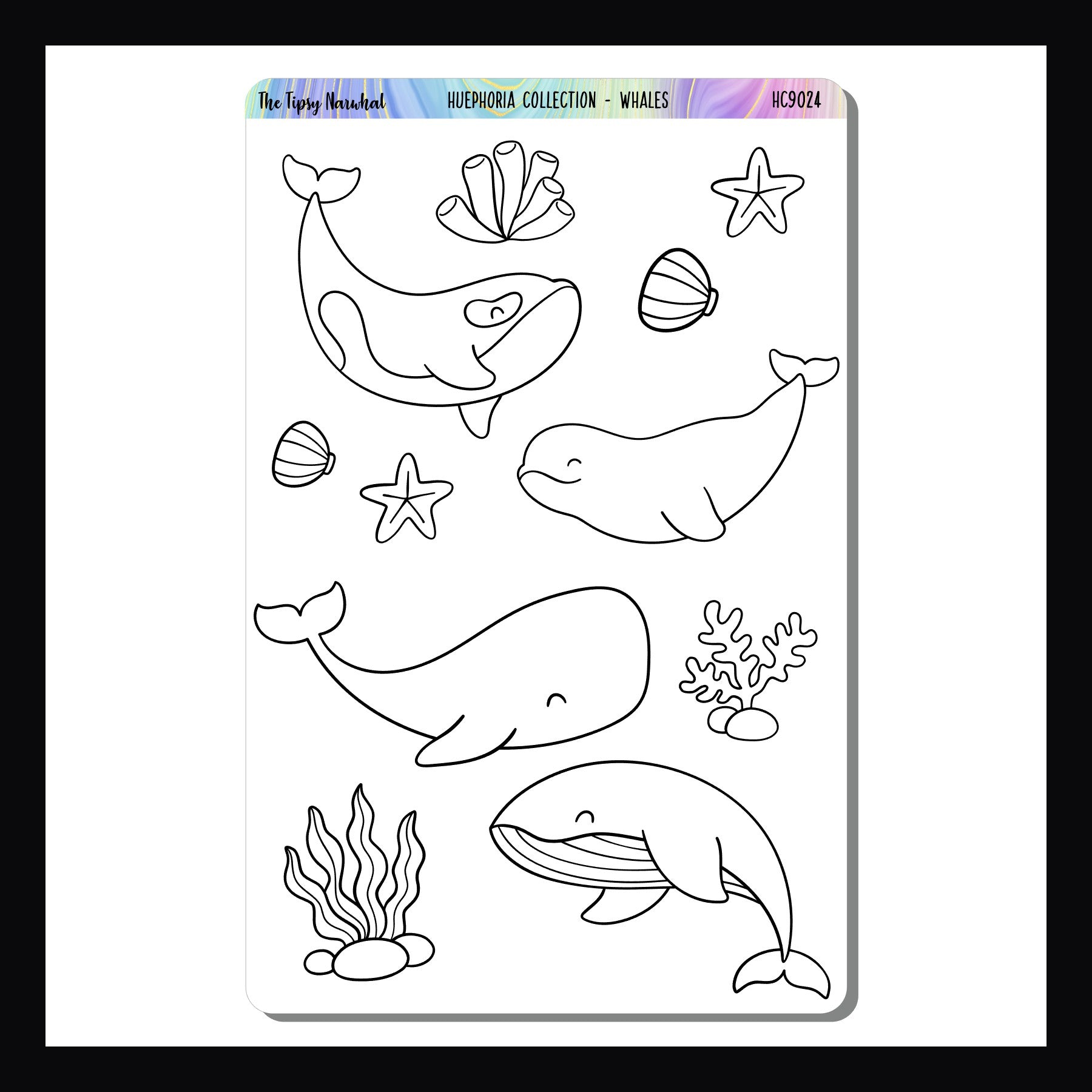 Whales coloring stickers are a 4.5 x 7 inch  sticker sheet.  These whale stickers were designed to be colored in with your pens, pencils, or markers.  