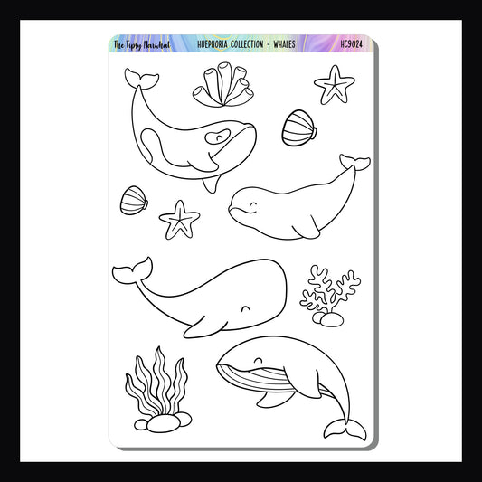 Whales coloring stickers are a 4.5 x 7 inch  sticker sheet.  These whale stickers were designed to be colored in with your pens, pencils, or markers.  