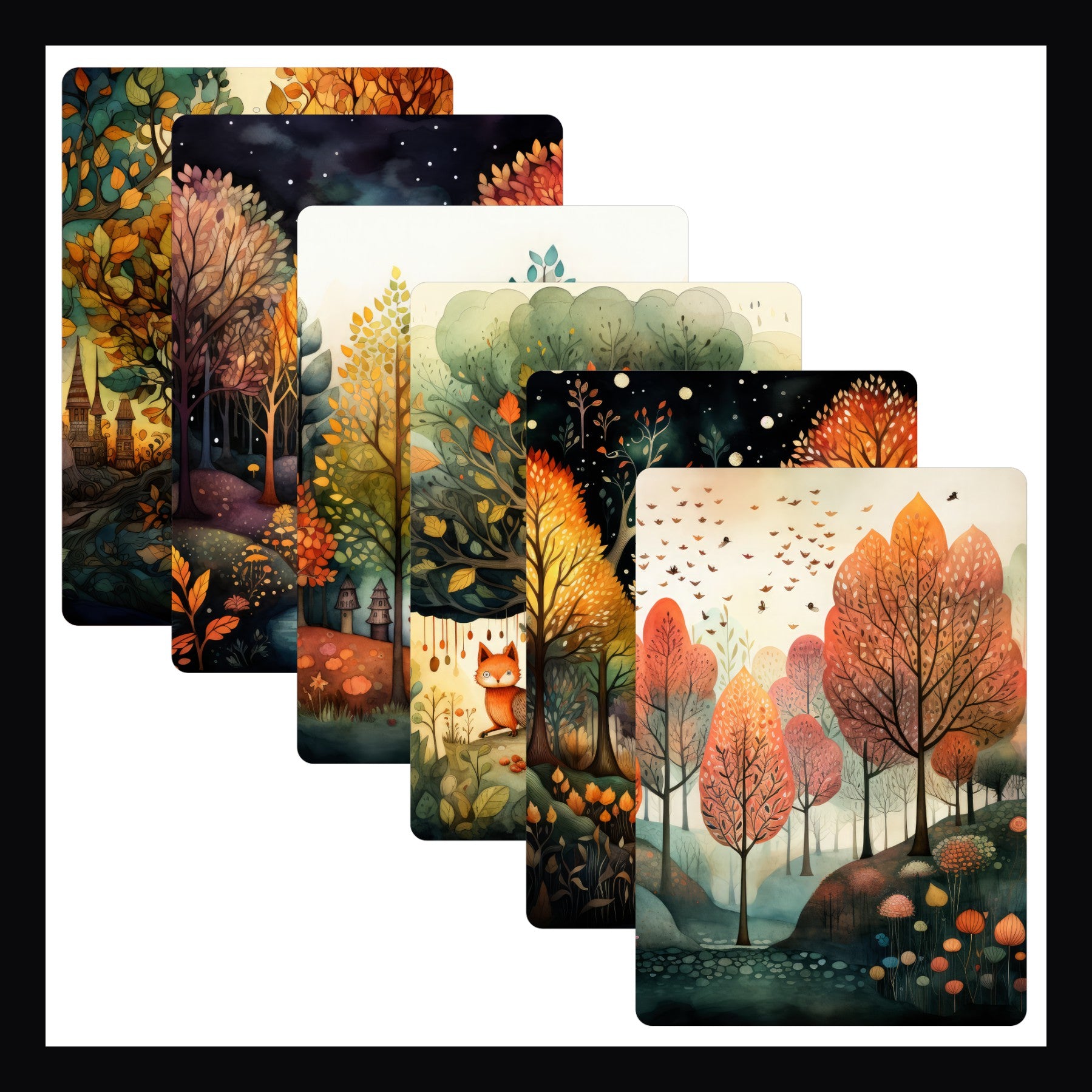 Whimsical Autumn Kindle Inserts - a collection of 6 inserts each with a unique autumn forest design on a white background. 