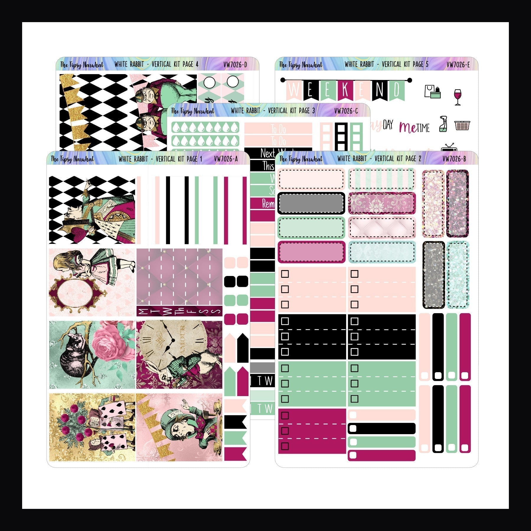 Vertical Weekly Sticker Kit - White Rabbit 5 page sticker kit shown on a white background