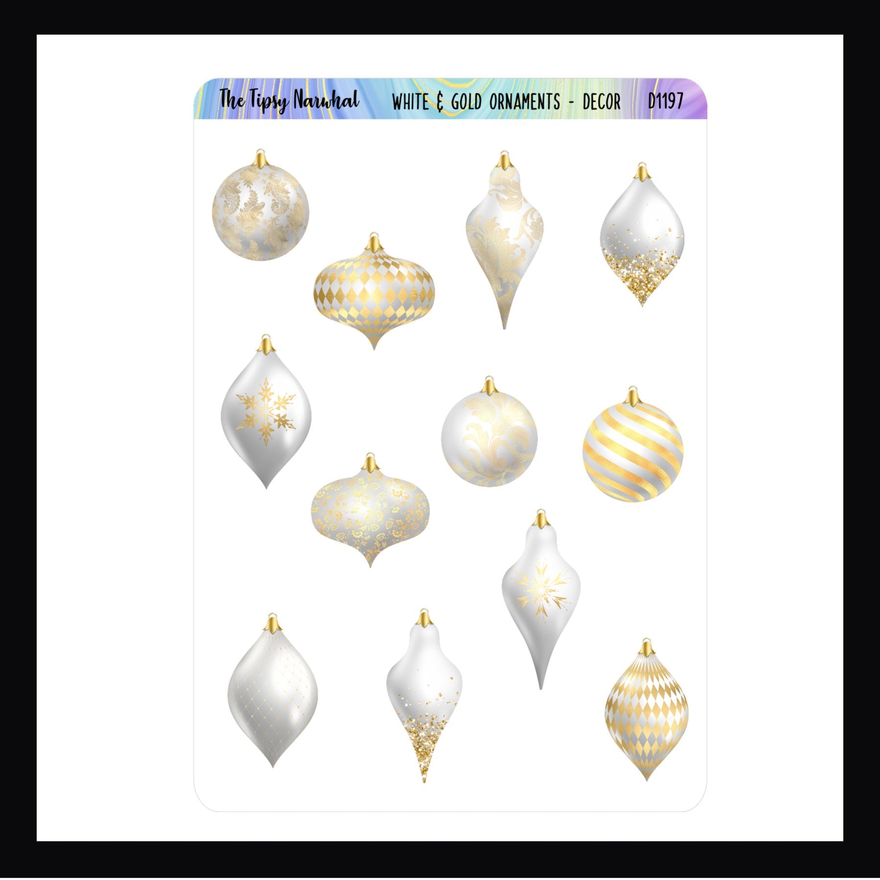 White & Gold Ornaments Decor sheet features 12 white and gold ornament stickers with various shapes and patterns. Shown here on a white background. 