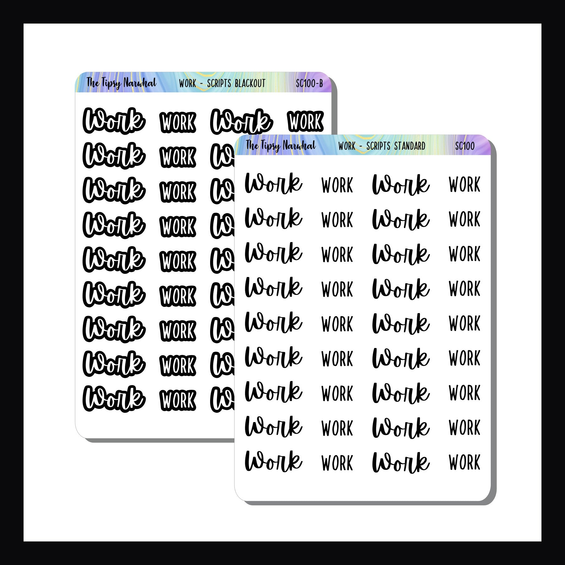 Two sheets of planner stickers with 'work' text on a white background