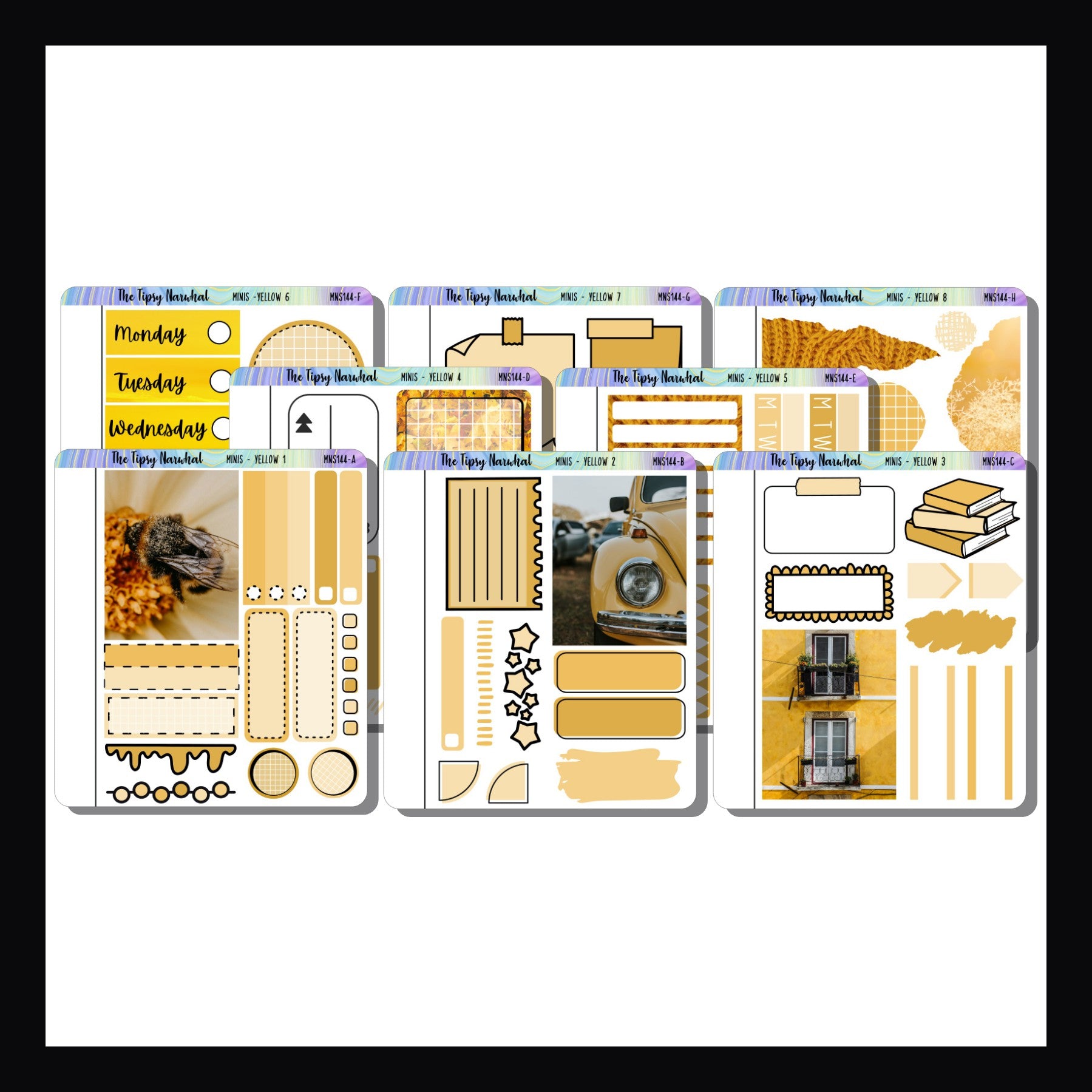 Yellow Freestyle Minis is a collection of 8 quarter sized sticker sheets all focused on the color yellow. 